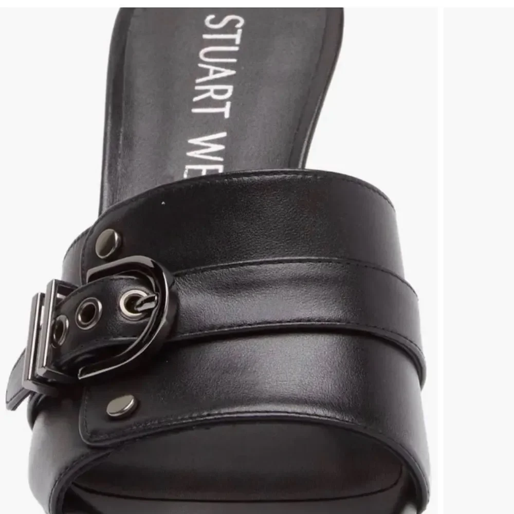 New Stuart Weitzman Black Leather Y2K 90s Mules with kitten heel Buckle Detail